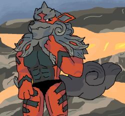 1boy angered_driver anthro arcanine background bara beard black_body buff canine dark_sky fur_pattern grey_fur hisuian_arcanine lava mane mewing pokemon pokemon_(species) pokemon_legends:_arceus red_fur solo tail underwear volcanic_setting volcano