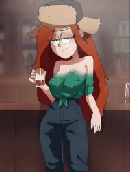 1girls 2d 2d_(artwork) 2d_artwork animated ass beverage breasts cigarette cup drink drpizzaboi1 english_text female glass gravity_falls green_shirt hair hanging_breasts hat inker_comics inkershike jeans leaning_forward medium_breasts nude pubes shorter_than_10_seconds smoking tagme v video wendy_corduroy x-ray x-ray_vision