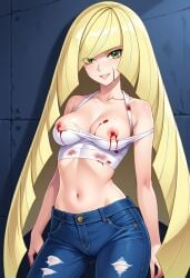 ai_generated blonde_hair blood blood_on_clothing blood_on_face civitai damaged_clothes green_eyes jeans long_hair lusamine_(pokemon) nipple_slip nipples pokemon ripped_clothing ripped_clothing tank_top tanktop white_tank_top