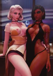 2girls 3d angela_ziegler black_body blonde_hair breasts domination dress earrings female/female female_only female_with_female formalwear_mercy korra_amari mercy overwatch overwatch_2 panties pharah public public_nudity tattoo white_skin yuri