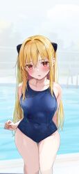 1girls arm_behind_back bare_arms bare_hands bare_legs bare_shoulders bare_skin bare_thighs belly_button bikini blonde_female blonde_hair blonde_hair_female blue_bikini blue_one-piece_swimsuit blue_swimsuit blue_swimwear blurred_background blurry_background blush blush_lines blushing_at_viewer blushing_female breasts collarbone dot_nose dripping_wet embarrassed embarrassed_female exposed exposed_arms exposed_legs exposed_shoulders exposed_thighs female female_focus female_only fingers full_body groin hair_between_eyes hair_ornament hair_ornaments hand_behind_back head_tilt high_resolution high_school_student highres hourglass_figure konjiki_no_yami legs legs_together light-skinned_female light_skin long_hair looking_at_viewer navel one-piece_swimsuit outdoor outdoors outside red_eyes red_eyes_female rouka_(akatyann) school_girl shoulders simple_background sitting slender_body slender_waist slim_girl slim_waist small_breasts soaked solo swimsuit swimwear teen_girl teenage_girl teenager thick_thighs thighs thin_waist tilted_head to_love-ru upper_body v-line wet wet_belly wet_bikini wet_body wet_breasts wet_face wet_hair wet_legs wet_skin wet_thighs white_background wide_hips