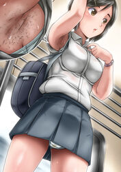 1girls armpit armpit_hair armpit_peek armpits bra bra_peek close-up female female_armpit_hair female_only medium_breasts omorashi peeing peeing_self polka_dot_panties poppoes school_uniform schoolgirl skirt solo stain stained_panties subway sweat train train_interior upskirt urinating voyeur watch