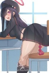 anal_beads ass bent_over black_beret black_hair black_serafuku black_shirt black_skirt black_socks blue_archive blunt_bangs breasts commentary english_commentary faceless feet_out_of_frame female halo highres indoors justice_task_force_member_(blue_archive) kneepits long_hair looking_at_viewer looking_back one_eye_closed open_mouth ozzyart_0221 pink_eyes pink_halo pleated_skirt school_uniform serafuku sex_toy shirt signature skirt socks solo twitter_username