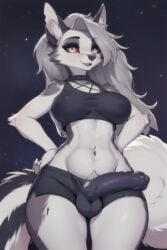 1futa ai_generated anthro bulge bulge_through_clothing canine cute erection excited eye_contact furry futa_only futanari hellhound helluva_boss humanoid latangadeloona07 loona_(helluva_boss) midriff penis_bulge shorts under_clothes wolf