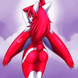 2012 ass dragon female furry hair latias long_hair looking_at_viewer looking_back mn_xenx nude pokemon pokemon_(species) pokemorph pussy red_hair smile solo wings yellow_eyes