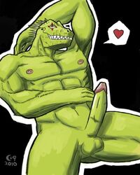 abs arms_behind_head balls biceps big big_penis dorohedoro erection fangs flexing heart horn kaiman looking_at_viewer male male_only muscles narc-narc nipples nude pecs penis pose reclining reptile scales scalie showing_off sitting smile smirk solo tattoo