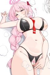 1girls blue_archive breasts dusu_(htkj) eimi_(blue_archive) female halo large_breasts laying_on_back nipples pink_hair pubic_hair tie_between_breasts zipper zipper_down
