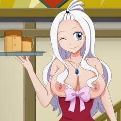 areolae big_breasts blue_eyes breasts_out breasts_out_of_clothes breasts_out_of_dress fairy_tail female_only large_areolae large_breasts long_hair mirajane_strauss necklace shablagooo solo solo_focus white_hair wink