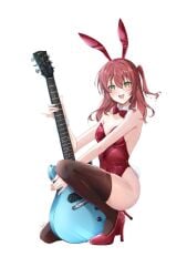 ass_visible_through_thighs bare_arms bare_shoulders belly_button_visible_through_clothing blush bocchi_the_rock! breasts brown_thighhighs bunny_ears bunnysuit cleavage electric_guitar green_eyes high_heels kita_ikuyo long_hair on_knees open_mouth red_bunnysuit red_hair red_high_heels ribbon shiny_skin small_breasts smile thighhighs thighs yoru0409