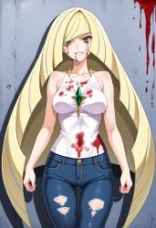 ai_generated blonde_hair blood blood_on_clothing blood_on_face civitai damaged_clothes green_eyes jeans long_hair lusamine_(pokemon) pokemon ripped_clothing ripped_clothing tank_top tanktop white_tank_top