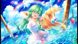 beach clouds green_hair long_hair official_art rainbow sanae_kochiya splashing sunlight sunshine swimsuit tagme touhou touhou_danmaku_kagura water