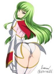 ass back_view breasts c.c. code_geass gloves green_eyes jacket leotard long_hair long_sleeves looking_back medium_breasts panties smile thighhighs thighs underwear uniform varon666 white_jacket white_leotard white_panties white_thighhighs yellow_eyes