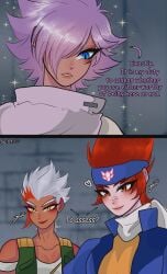 arts_sarang beyblade beyblade_metal_fury beyblade_metal_fusion beyblade_metal_masters blue_eyes brown_eyes dark_skin dialogue dynamis dynamis_(beyblade) english_text gingka_hagane hasbro metal_fight_beyblade purple_hair red_hair ryuto ryuto_(beyblade) sarang_(artist) sarang_arts takara_tomy