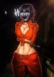 1girls 2021 big_breasts bluewolfartista breasts brown_hair clothed crossed_arms d-class female female_only hi_res hypnosis mask masked masked_female mind_control nightmare_fuel orange_clothing scalpel scp-035 scp_foundation short_hair solo solo_focus thighs