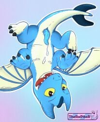 absurd_res belly bodily_fluids cum dragon dreamworks dripping feral genital_fluids genitals hi_res looking_at_viewer lying male mythological_creature mythological_scalie mythology on_back penis scalie simple_background solo tail therapitor tongue winger_(rescue_riders)