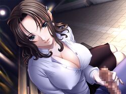 black_eyes black_hair blouse breasts censored cleavage dark_penis earrings erect_nipples female game_cg handjob interracial jewelry large_breasts long_nails office_lady penis sano_toshihide shichinin_no_online_gamers