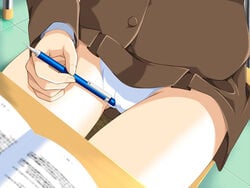 female bottomless classroom doushin game_cg komiya_haruto masturbation panties pen pencil sitting suruga_miho underwear white_panties