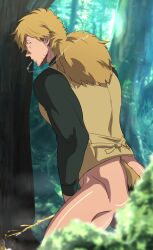 ass blonde_hair bottomless kemono_jihen kohachi_inugami long_hair male_focus male_only muscle outdoors peeing t2wk walk-in