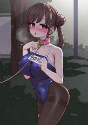 big_breasts brown_hair hanauna idolmaster leash open_mouth sonoda_chiyoko swimsuit twin_buns walking