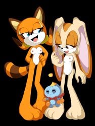 1boy 2girls black_background blue_eyes brown_eyes cheese_the_chao cleft_of_venus completely_nude cream_the_rabbit female_focus furry furry_female j_nsfw marine_the_raccoon nipples nude open_mouth orange_fur pussy simple_background small_breasts sonic_(series) sonic_team sonic_the_hedgehog_(series) tail yuri