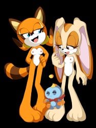 1boy 2girls black_background blue_eyes brown_eyes cheese_the_chao cleft_of_venus completely_nude cream_the_rabbit cub female_focus furry furry_female j_nsfw marine_the_raccoon nipples nude open_mouth orange_fur pussy simple_background small_breasts sonic_(series) sonic_team sonic_the_hedgehog_(series) tail yuri