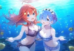 blue_eyes blue_hair go-toubun_no_hanayome nakano_itsuki ocean re:zero_kara_hajimeru_isekai_seikatsu red_hair rem_(re:zero) sea swimming swimsuit underwater