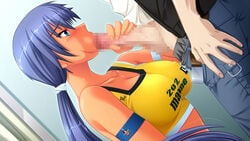 blue_eyes blue_hair blush breasts censored cleavage dark_skin erect_nipples fellatio female game_cg gokkun_athlete!_kyonyuu_medalist_no_oshaburi_kyouka_gasshuku hair kaoru_route kneeling large_breasts long_hair oral penis standing sweat