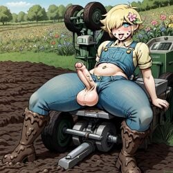 ai_generated basil_(omori) big_ass big_butt blonde_hair blowjob car eyes_covered farmer femboy flower front_view hair_over_eyes imminent_sex male male_only omori oral sissy smile tagme thick_ass thick_thighs tractor yaoi