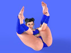 1girls arm_warmers barefoot blue_nails brown_hair chun-li double_bun earrings feet female flexible gym_clothes hair_ribbon holding_heels holding_legs leg_warmers nail_polish red_lipstick simple_background smiling_at_viewer street_fighter street_fighter_6 workout_clothes