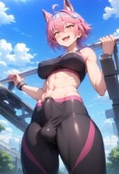 1futa abs ai_generated animal_ears bulge cameltail dickgirl erection erection_under_clothes futa_only futanari gym_uniform leggings outdoors penis penis_under_clothes pink_hair solo sports_bra sportswear working_out workout_clothes yoga_pants