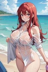 ai_generated beach blush breasts chubai chubby giant_breasts nipples_visible_through_clothing shirt_only tagme thick_thighs wet_clothes wet_shirt