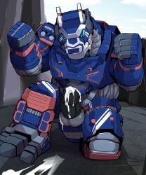 absurd_res balls black_penis blue_body blue_eyes bodily_fluids cum cum_drip cum_on_ground dripping earth_garon fist genital_fluids genitals hi_res kaiju kneeling machine male masculine mecha orangetaming penis restrained restrained_arms robot solo ultraman_(series)