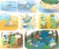 ambiguous_gender argon_vile beach boat comic dewott druddigon english_text marshtomp mustelid otter pokemon pokemon_(species) seaside sex spanish_text swampert text translated tree water wood