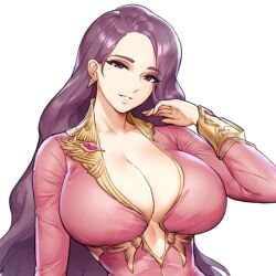 adjusting_hair bracers cleavage color dress earrings female female_focus female_only forehead game_cg gold_bracers hair_behind_ear head_tilt high_collar huge_breasts kakiman last_origin lemonade_alpha long_hair looking_at_viewer mole mole_under_eye pink_dress purple_hair red_eyes red_nails smile smiling smiling_at_viewer teeth teeth_showing tight_clothing tight_dress transparent_background upper_body