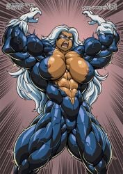 1girls abs biceps black_cat_(marvel) breasts cleavage extreme_muscles felicia_hardy female female_only flexing green_eyes large_breasts long_hair looking_at_viewer marvel marvel_comics muscle_growth muscles muscular_female nipple_slip pokkuti pose solo spider-man_(series) white_hair