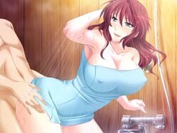 1male amae_haha_nozomi bath blush breasts brother_and_sister cleavage clothed_female_nude_male erect_nipples female from_behind game_cg green_eyes hair incest komoda large_breasts long_hair red_hair sex shower smile towel water wet