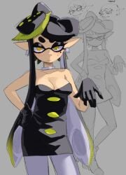 breasts callie_(alterna) callie_(splatoon) clothed clothing earrings gingrjoke inkling inkling_girl long_hair pantyhose pointy_ears splatoon splatoon_(series) splatoon_3 splatoon_3:_return_of_the_mammalians tentacle tentacle_hair tentacles two_tone_hair white_pantyhose