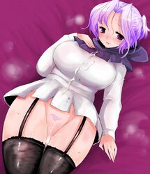 1girls after_sex black_legwear blush breasts cum cum_inside cum_on_clothes female garter_straps hair_intakes han_(jackpot) hood_down ichirin_kumoi large_breasts lavender_hair no_panties pubic_hair purple_eyes pussy short_hair solo thighhighs touhou