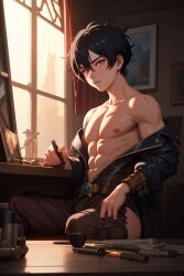 1boy abs ai_generated arm_guards assless_chaps black_hair coat jacket leather pecs solo_male steampunk