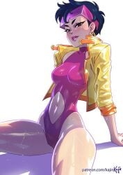 1girls belly_button black_hair bodysuit clothed clothing eyewear_on_head female jacket jubilation_lee jubilee kajinman marvel moist perky_breasts pink_clothing pose posing seductive seductive_eyes short_hair spread_legs thick_thighs wet x-men