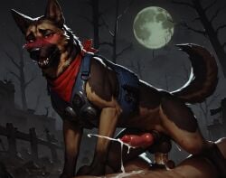 ai_generated anal animal_genitalia animal_penis balls bandana blush bodily_fluids brown_body brown_eyes brown_fur canid canine canine_genitalia canine_penis canis clothing cowgirl_position cum cum_inside cum_on_body cum_while_penetrated director_aislopper dogmeat_(fallout) domestic_dog ejaculation faceless_character faceless_human faceless_male feral feral_penetrated from_front_position full_moon fur genital_fluids genitals german_shepherd herding_dog hi_res human human_on_feral human_on_male human_penetrating human_penetrating_feral humanoid_genitalia humanoid_penis interspecies kerchief knot light-skinned_male looking_at_viewer male male/male mammal moon multicolored_body multicolored_fur night nude on_bottom on_top open_mouth pastoral_dog penetration penis pony_diffusion_(model) pubes sex topwear two_tone_body two_tone_fur vest zoophilia