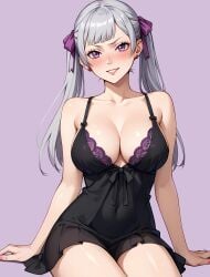 ai_generated big_breasts black_clover blush breasts cleavage dress hi_res large_breasts looking_at_viewer nightgown noelle_silva purple_eyes silver_hair thick_thighs thighs twintails