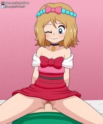 blush censored complex_vortex hi_res highres nintendo pokemon pokemon pokemon_xy serena_(pokemon) sex short_hair simple_background smile vaginal_penetration wink