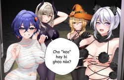 belle_(zenless_zone_zero) d.d.g doorway genshin_impact halloween halloween_costume halloween_theme honkai:_star_rail honkai_(series) honkai_impact_3rd kiana_kaslana kiana_kaslana_(herrscher_of_the_void) large_breasts long_hair looking_at_viewer lumine_(genshin_impact) multiple_girls mummy_costume short_hair smile stelle_(honkai:_star_rail) succubus translated trick_or_treat vietnamese_text werewolf_girl witch_costume zenless_zone_zero