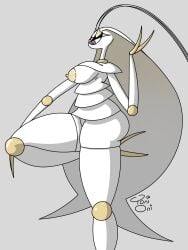 antennae_(anatomy) areola arthropod ass big_butt blue_pupils breasts erect_nipples eyelashes female generation_7_pokemon grey_background hi_res humanoid looking_down nintendo nipples on_one_leg pheromosa pincers pokemon pokemon_(species) pupils purple_eyes raised_leg side_view signature simple_background solo standing thick_thighs toni_oni ultra_beast white_body yellow_areola yellow_nipples