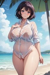 ai_generated beach blush breasts chubai chubby giant_breasts nipples_visible_through_clothing shirt_only tagme thick_thighs wet_clothes wet_shirt