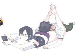 1boy 1girls ass_worship casual casual_clothes glasses head_on_ass legs_around_partner panties sidotama thick_thighs