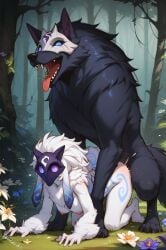 ai_generated anthro anthro_on_feral black_body black_fur blue_eyes bovid breasts canid canine canis caprine doggy_style duo female fenix_ai feral flower forest forest_background from_behind_position fur fur_markings hair hi_res interspecies kindred lamb_(league_of_legends) league_of_legends male male/female mammal markings mask motion_lines mounting nature nature_background nipples on_all_fours open_mouth penetration plant sex sheep teeth tongue tongue_out tree vaginal_penetration white_body white_fur white_hair wolf wolf_(league_of_legends) zoophilia