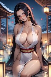 ai_generated big_breasts black_hair blush blushing_at_viewer boa_hancock cleavage collarbone earrings female female_focus female_only head_tilt hearts_around_head lamps long_hair looking_at_viewer night one_piece onsen open_clothes sitting smile smiling smiling_at_viewer snow steam thalaria!! thin_waist