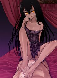 1boy aebafuti barefoot black_hair blush cum cum_on_feet cum_on_lower_body dark_skin feet footjob highres long_hair lying master_nemesis on_back penis pov smile solo strap_slip to_love-ru to_love-ru_darkness toes uncensored